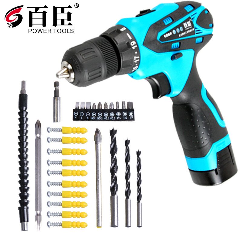 百臣12V16.8V21V带冲击锂电钻电动螺丝刀家用扭力钻充电手枪钻工具套装 16.8V双速款塑盒--1电1充送9件套