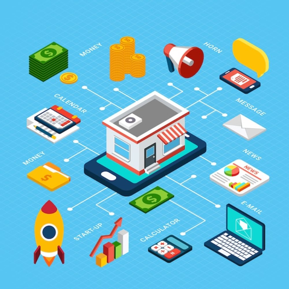 蓝色3D等距数字营销工具组合 电子科技赋能现代营销